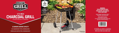 Expert Grill Charcoal Grill, 17.5 Inch Charcoal Grill with Wheels, Black